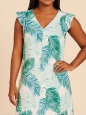 Tahari White Tunic with Green and Teal Palm Print